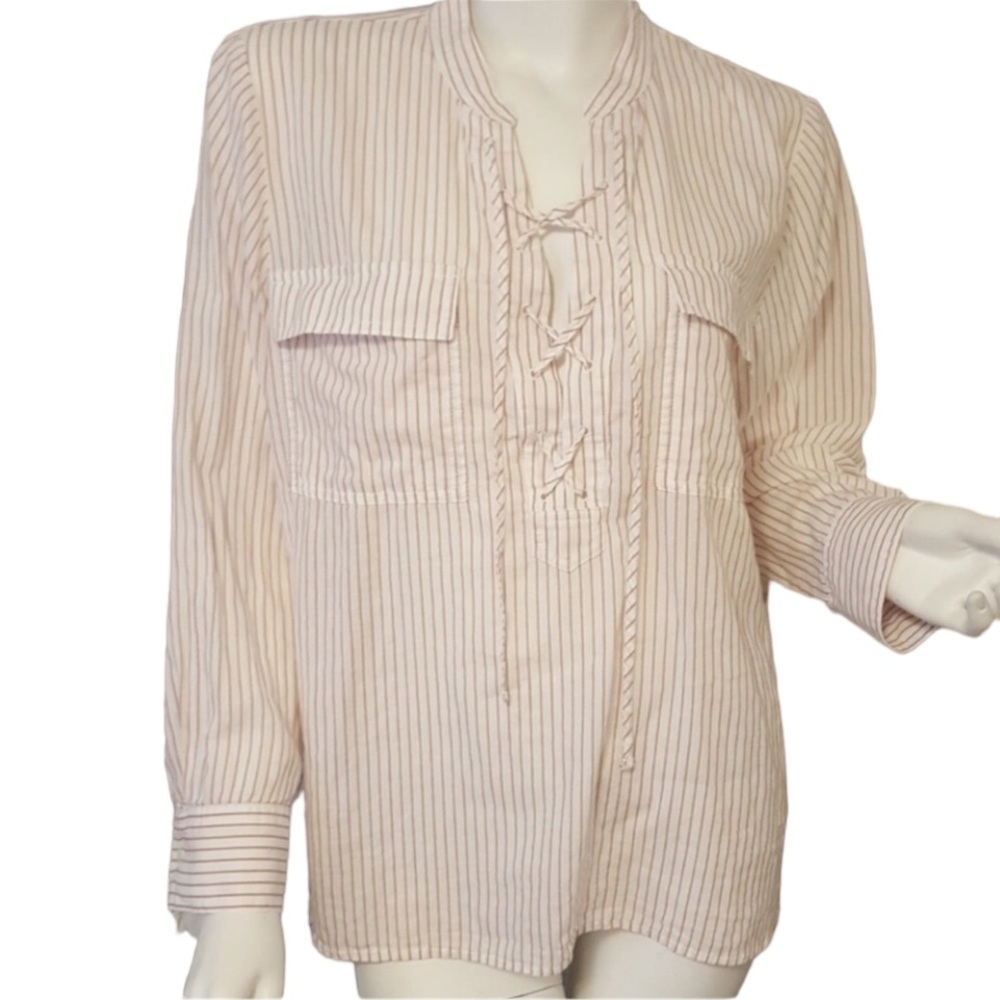 Madewell size large tan & Ivory striped cotton blouse mandarin collar 3/4 sleeve